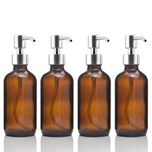 4pcs Large 250ml Liquid Soap Dispensers with Stainless Steel Pump for essential oils homemade lotions round amber glass bottles