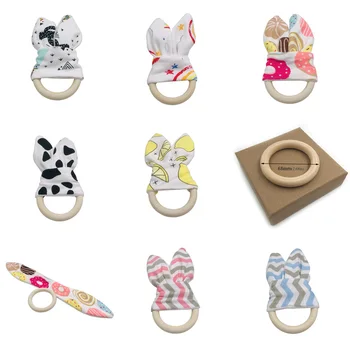 

8 Colors Baby Bunny Ear Food Grade Beech Teether Safe Organic Wooden Teething Ring Fruit Animals Shape Nursing Newborn Toys Gift