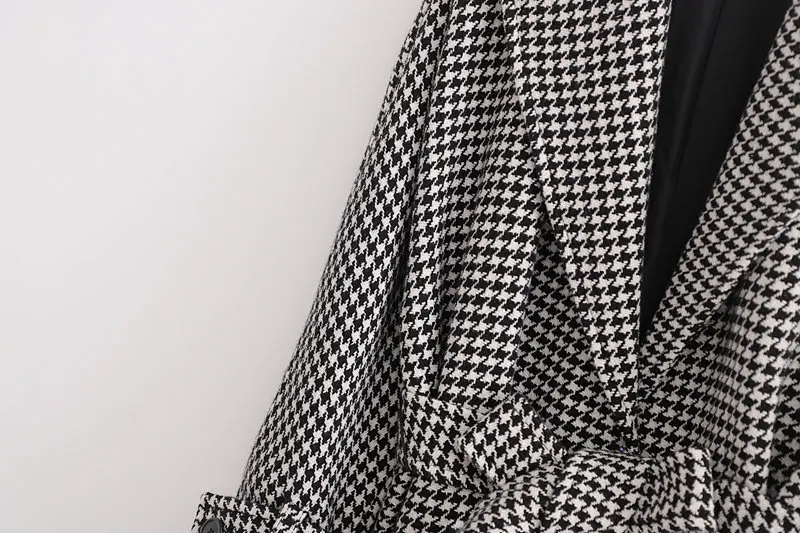 ZA Autumn Winter Houndstooth Trench Coat Adjustable Waist Plaid Coat Loose Warm Wool Blends Cardigan Outerwear Wholesale