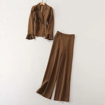 

HIGH QUALITY New 2020 Designer Runway Suit Set Women's Petal Sleeve Ruffles Double Breasted Blazer Long pant Suit