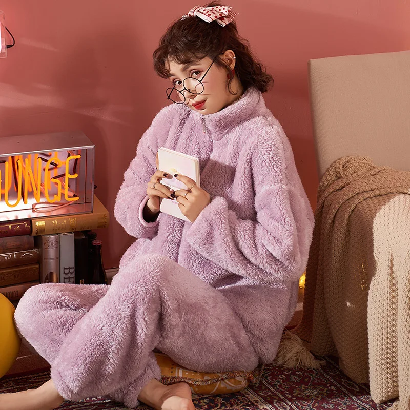 

2PCS comfortable women bathrobe Home service suit 2020 autumn winter new solid color thick cardigan trousers warm pajamas