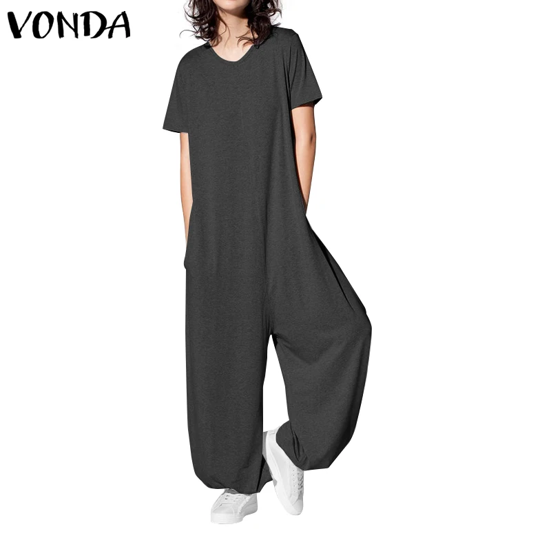 VONDA костюмы, женские комбинезоны, повседневные одноцветные комбинезоны с круглым вырезом и короткими рукавами, свободная элегантная офисная комбинезоны большого размера, штаны - Цвет: Темно-серый