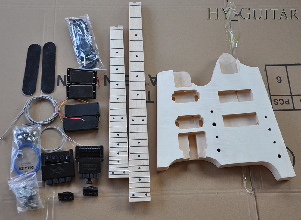 DIY Semi-Finished Double Necks Electric Guitar Kits without Paint Maple Fretboard Flame Veneer | Спорт и развлечения