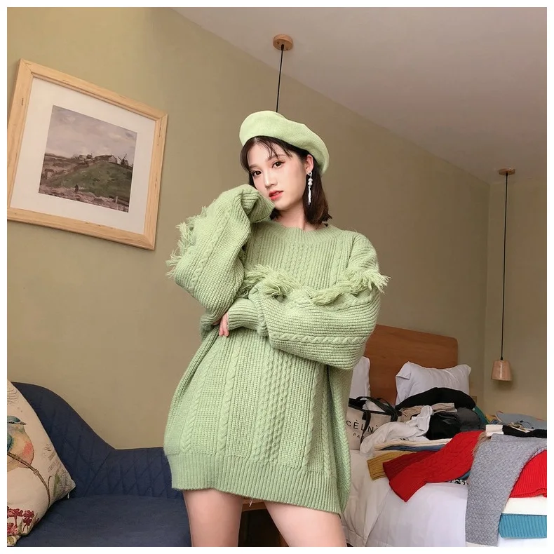 Neploe Pull Femme с кисточками, длинный рукав, негабаритный свитер, корейский вязаный пуловер с круглым вырезом, Осень-зима, женская одежда 54272