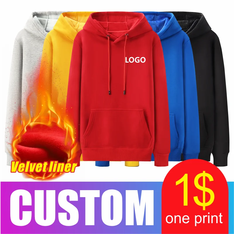 Customize with Own Embroidery Hoodie Velvet Plain Unisex Sweatshirt 3D Print Thick Warm for Winter Long Sleeve Oversize