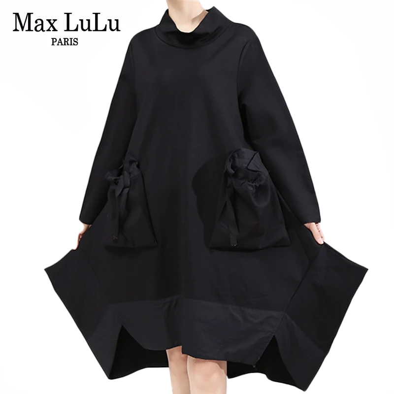 Max LuLu модные корейские зимние женские панковские уличные женские свободные элегантные черные платья Повседневная одежда с карманами и высоким воротником
