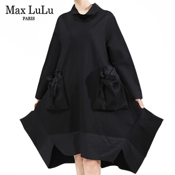 

Max LuLu 2019 Fashion Korean Winter Ladies Punk Streetwear Womens Loose Elegant Black Dresses Casual Pocket Turtleneck Clothes