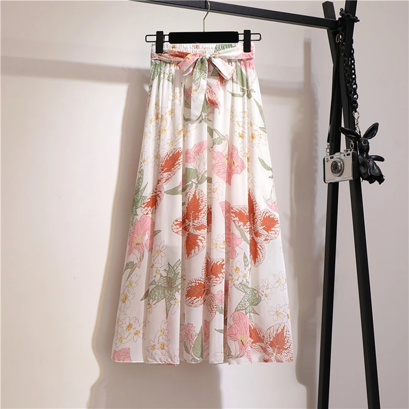 

Long Skirt Women For 2020 Spring Summer Boho Ladies Korean White Black Chiffon Pleated High Waist Maxi Skirt Female