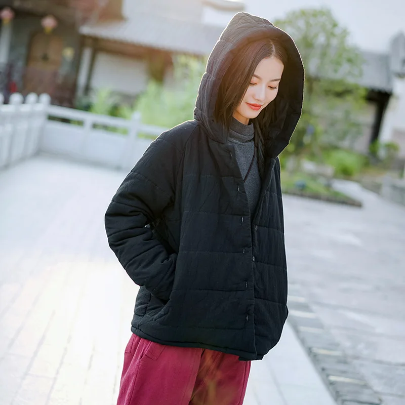 Aransue Winter Cotton Linen Coat with Hood Women New Style RETRO Cap Short Cotton Jackets Warm and Thick Cotton Tops