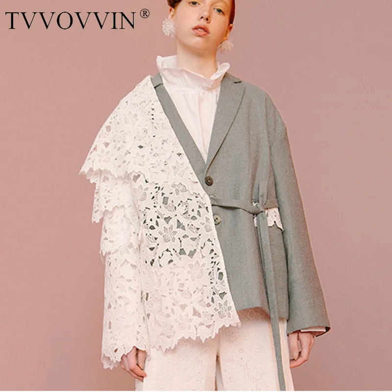 TVVOVVIN, свободный крой, контрастный цвет, кружево, большой размер, куртка, новинка, с отворотом, длинный рукав, Женское пальто, модное, Осень-зима, 2019X510