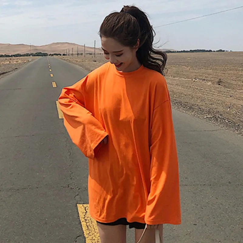 

2019 Sale Kpop Korean Spring Women's College Style Loose Ride Lazy Wind Pure Color Long-sleeved Bottom Shirt T-shirt In The Top