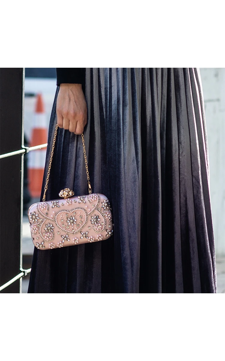 Luxy Moon Bead and Rhinestone Embellishment Pink Satin Clutch Bag Model Front Display