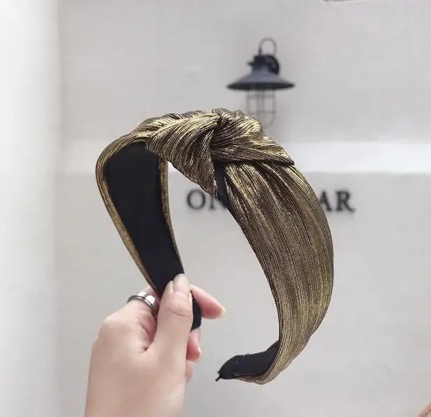 Новая модная женская повязка для волос широкая сторона бронзовая ткань плиссированные полосы завязанная повязка на голову повседневные Мягкие аксессуары для волос - Цвет: gold hairband