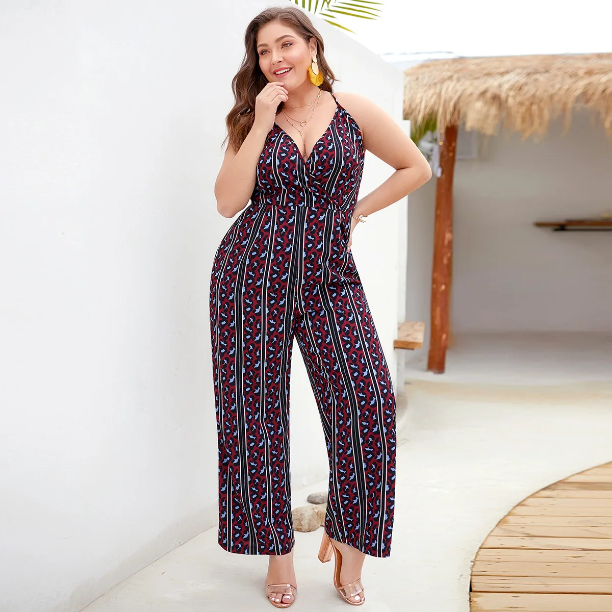 

2019 Large Size Women Leopard Wide Leg Casual Pants Sexy Deep V-neck Zipper Open Back Backless Sling High Waist Cotton Jumpsuit