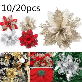 

10/20Pcs Glitter Artificial Flowers for Christmas Tree Ornaments Home Decorations DIY Xmas Party Wedding Decor Fake