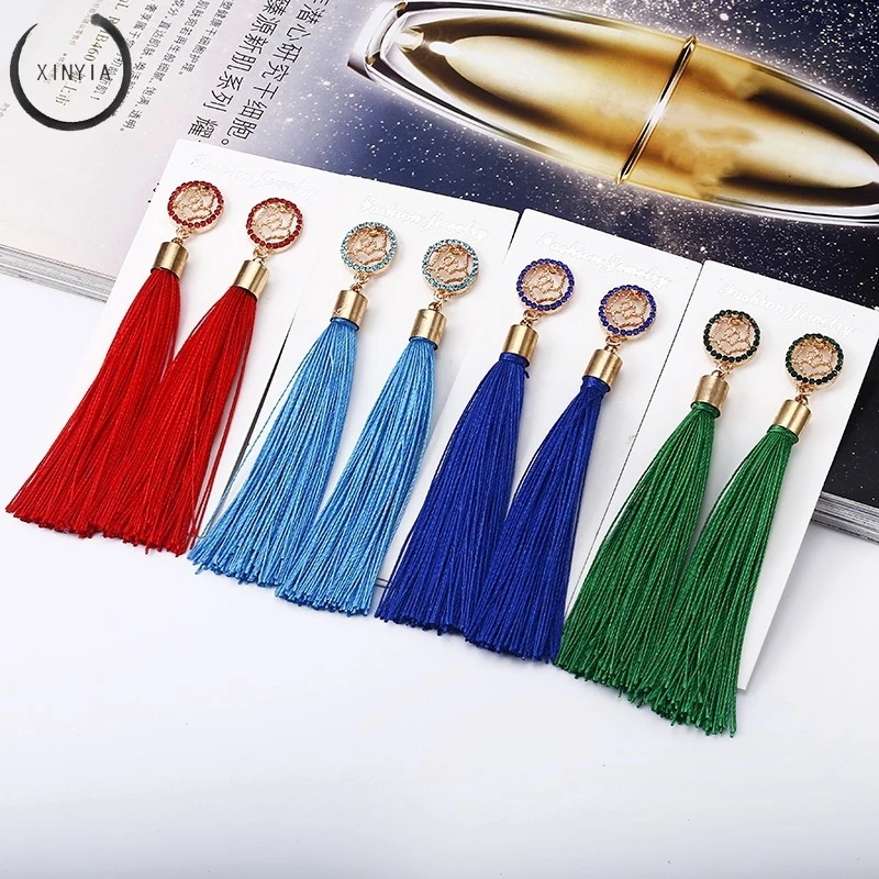 

2019 Fashion Bohemian Tassel Crystal Long Earrings White Red Silk Fabric Drop Dangle Tassel Earrings For Women Jewelry Earring