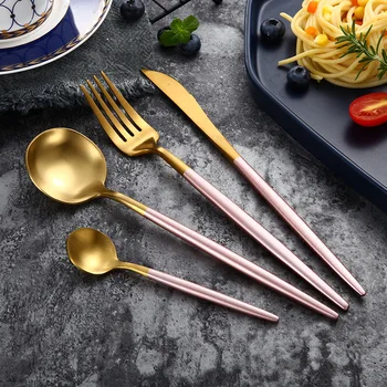 

Kitchen Pink Gold Dinnerware Set 304 Stainless Steel Cutlery Home Fork Spoon Knife Dinner Set Silverware Drop Ship Flatware Set