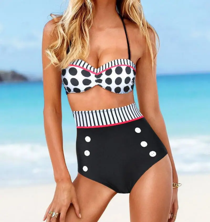 

Summer Ladies Swimsuit Retro High Waist Padded Bra Swimwear Hanging Neck Polka Dot Bikini