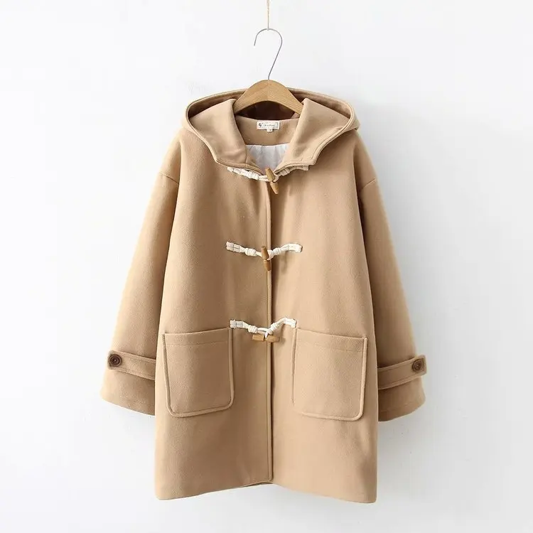 

Winter New Style College Style Toggle Hooded Woolen Jacket Mid-length Thick Woolen Overcoat S22727