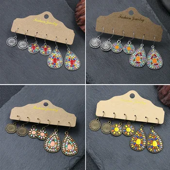 

Luokey Handmade Vintage Earrings Set Ethnic Bohemian Retro Bead Dangle Earrings Set Big Hollow Round Carved Flowers Brincos 2020