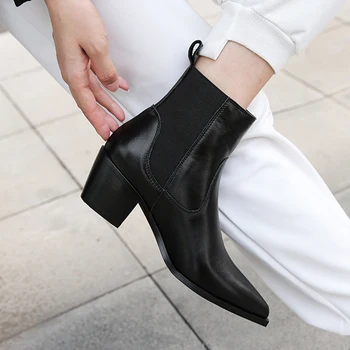 

Genuine Leather Pointed Toe Women Boots High Heels Ankle Boots for Women Slip-on Chelsea Boots Winter Boots Women Party Shoes