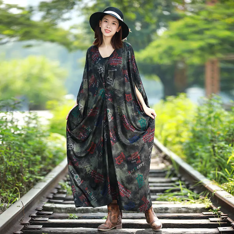Women Plus Size Printed Bat Sleeve Dress Ladies Retro Oversize Irregular Print Dress Female Maxi Dresses Autumn