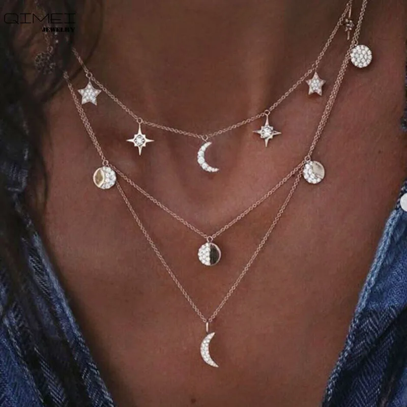 Модное многослойное ювелирное Золотое массивное ожерелье с кулоном для женщин серебряное ожерелье с кулоном в виде Луны и звезды ювелирные изделия Brincos