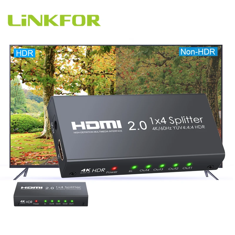 LiNKFOR алюминиевый HDMI 2,0 сплиттер поддержка 4 K/60Hz YUV 4:4:4 HDR 1 в 4 Выход HDMI сплиттер видео конвертер адаптер для PS4 HD tv