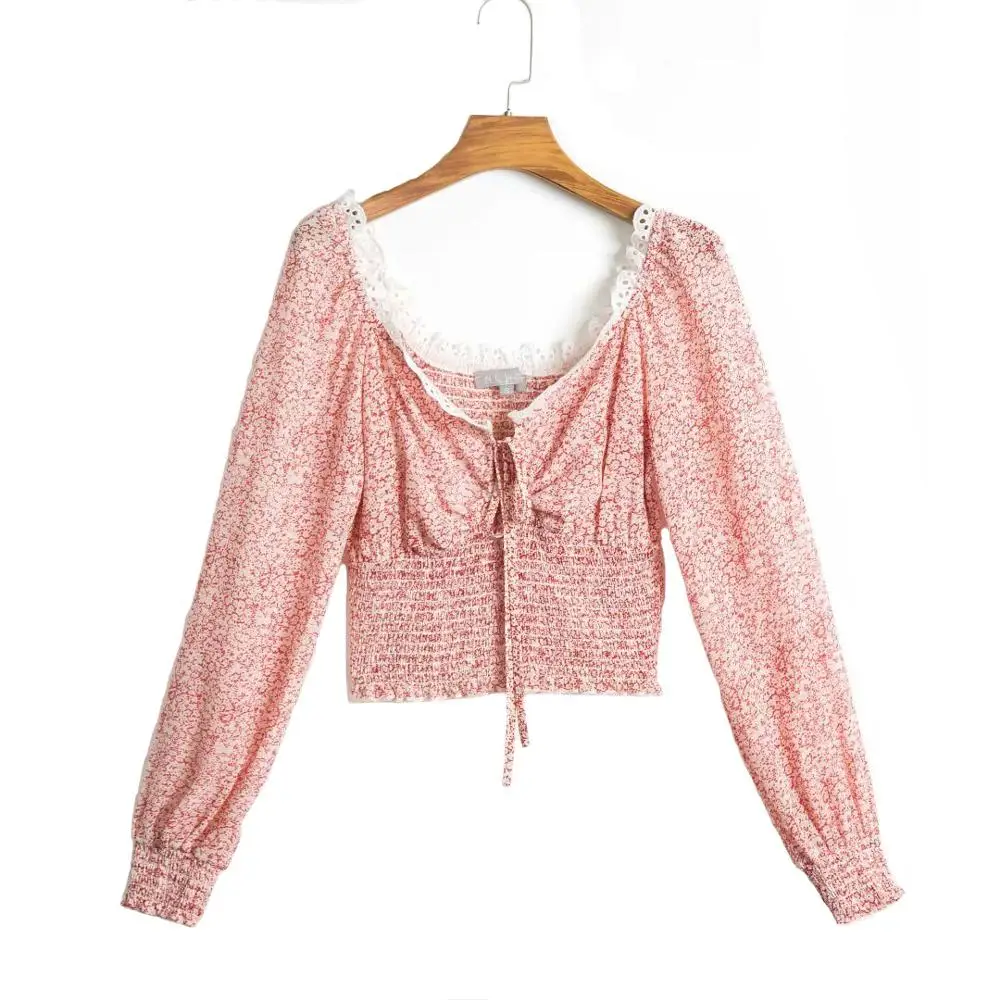 

V-Neck Lady Blouse Red Floral Top Women Long Sleeve Blouse Print Lace Blouse Shirt Sexy Top LF19BL1106