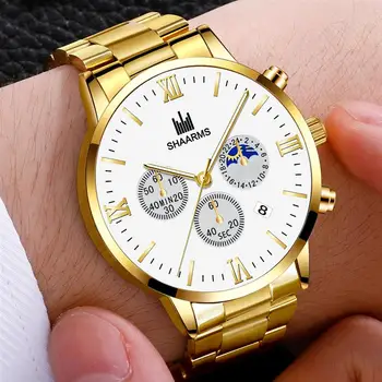 

SHAARMS Fashion Gold Men Watch Stainless Steel Quartz Wristwatch Male Man Business Luxury Watches Relogio Masculino 2019