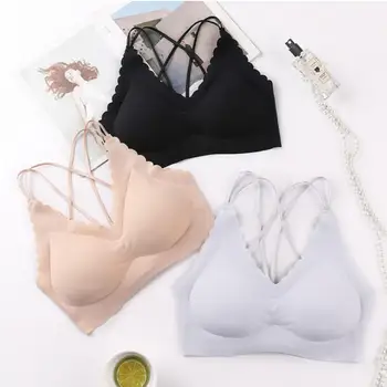 

One-piece ice fabric seamless cross strap Strapless solid color Beauty-back Gathered Comfortable without rims sports Bra underwe