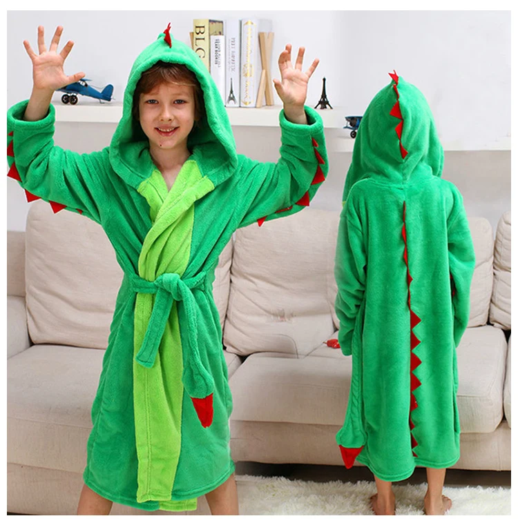 Winter Warm Flannel Bathrobe Kids Knee-Length Bath Robe Soft Thick Dinosaur Bridesmaid Robes Girls Dressing Gown Sleepwear