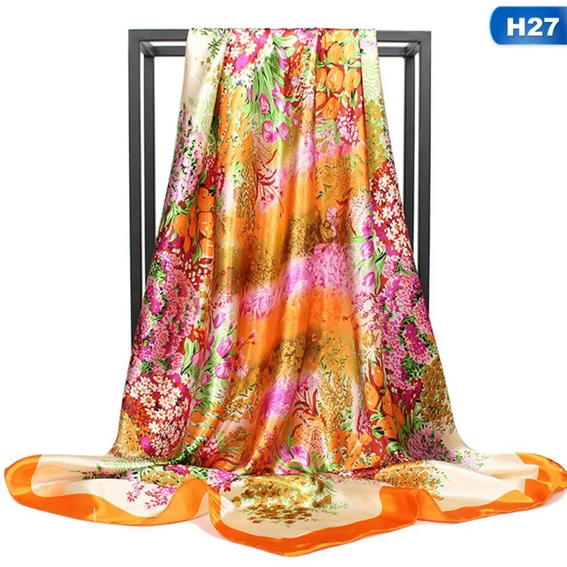 7 Шелковые шарфы для женщин с принтом Foulard, атласные шарфы с квадратной головкой хиджаб для дам, роскошные брендовые шали 90*90, бандана, большой шарф - Цвет: 7