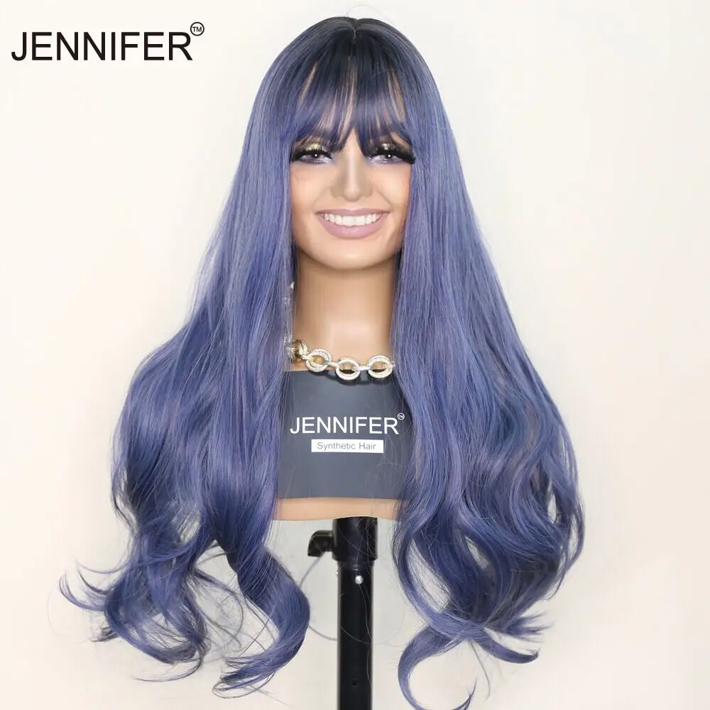 

Haze Blue/Brown color Long Wavy wig with bangs Full Mechanism Heat Resistant Fiber Synthetic Wigs For Women Cosplay/Daily/Party