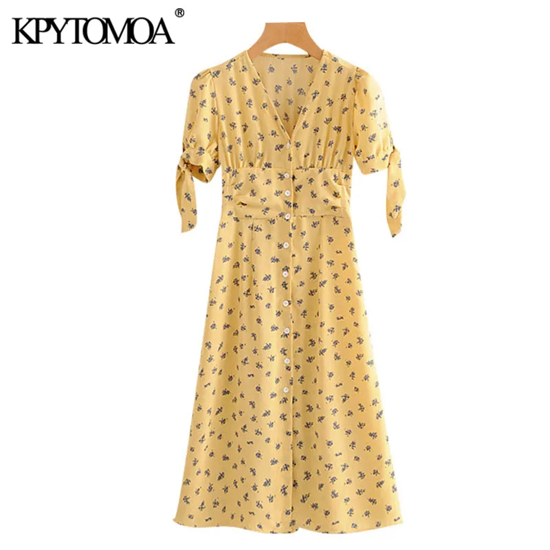 KPYTOMOA Women 2020 Chic Fashion Printed Button-up Midi Dress Vintage V Neck Bow Tied Sleeves Female Dresses Vestidos Mujer KPYTOMOA Women 2020 Chic Fashion Printed Button-up Midi Dress Vintage V Neck Bow Tied Sleeves Female Dresses Vestidos Mujer
