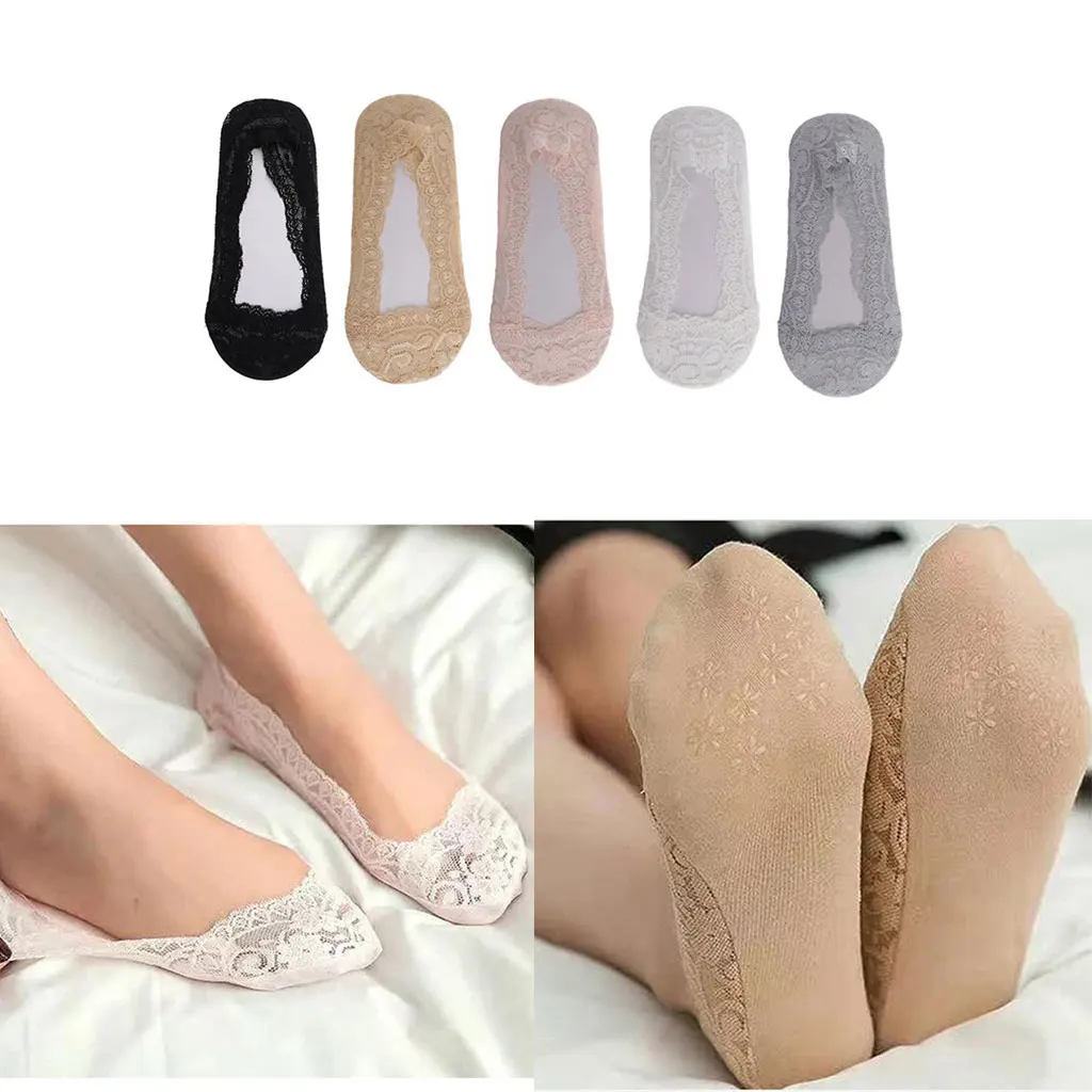 2 Pairs Lace Low Cut Socks No Show Invisible Antiskid Off Toe Ankle Socks
