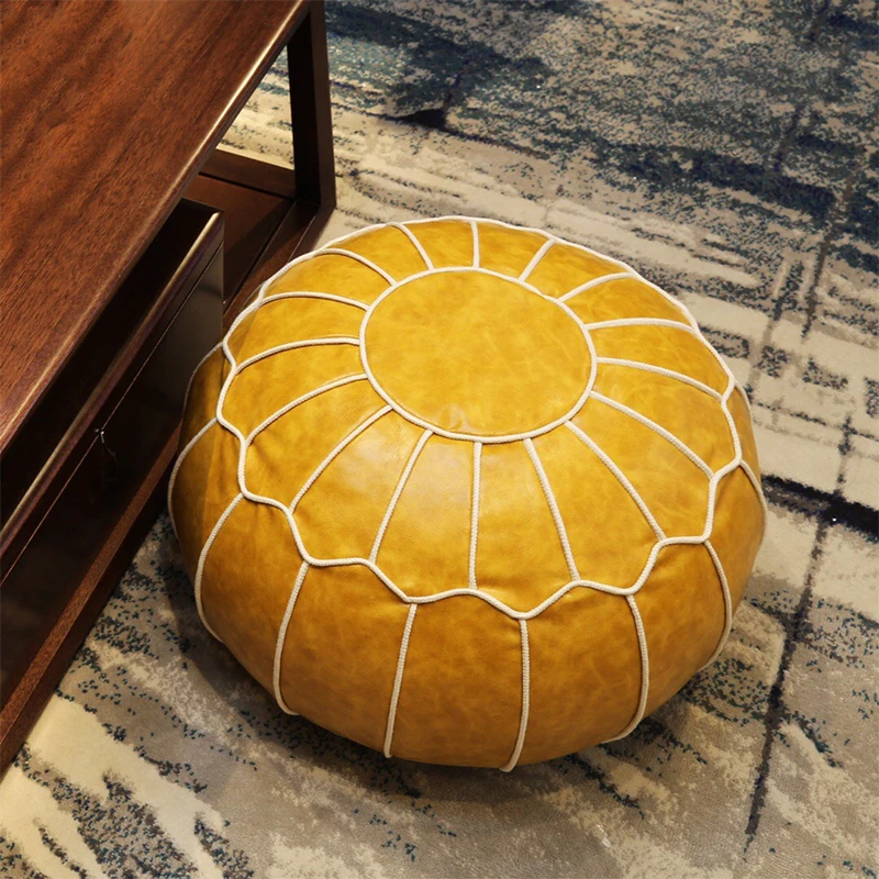 55cm Moroccan PU Leather Pouf Cover Round Seat Unstuffed Ottoman Footstool Cushion Home Carpet Tatami Craft Floor Futon Mat