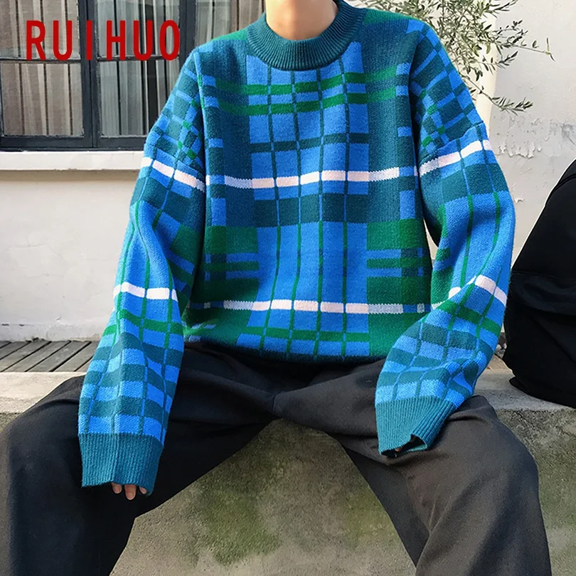 RUIHUO, новинка, осенне-зимний Повседневный свитер для мужчин, приталенный вязаный пуловер для мужчин, модный брендовый клетчатый мужской свитер, теплый M-2XL