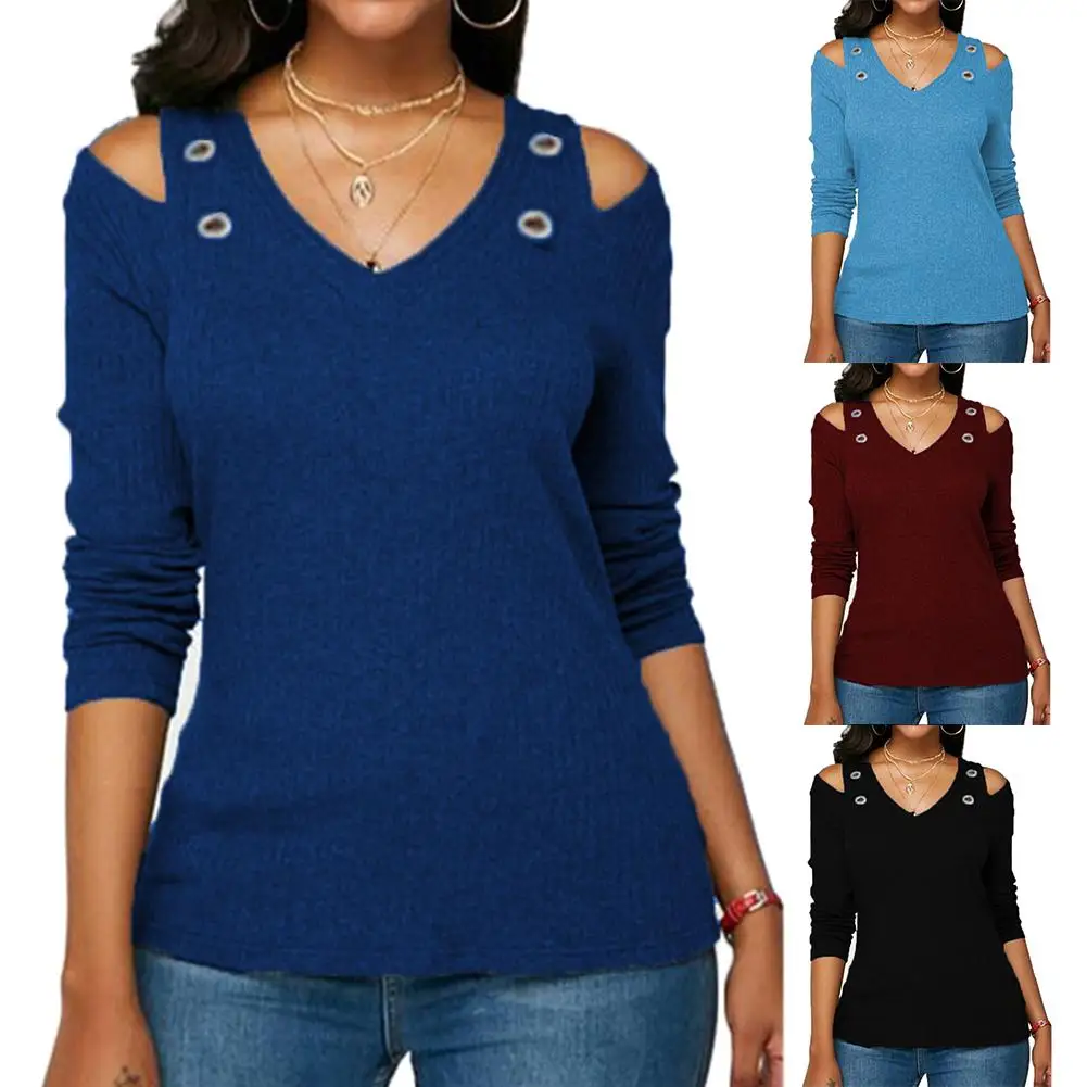 

2020 New Fashion Casual Shirt Women Solid Color V Neck Long Sleeve Cold Shoulder Holes Plus Size Blouse Autumn Winter Tops HOT!!