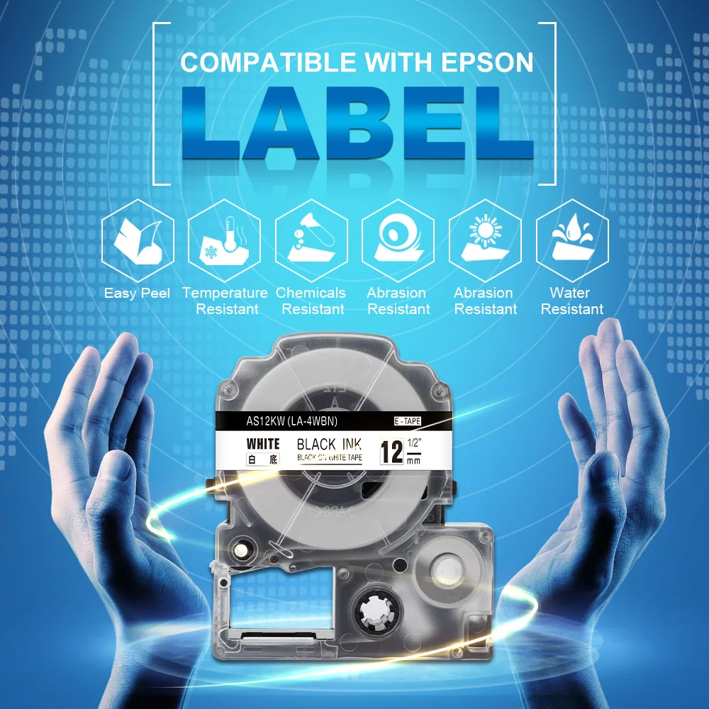 5 kompatibel Epson AS12KW Schwarz auf wei?Etikettenband für EZ 12mm x 8m