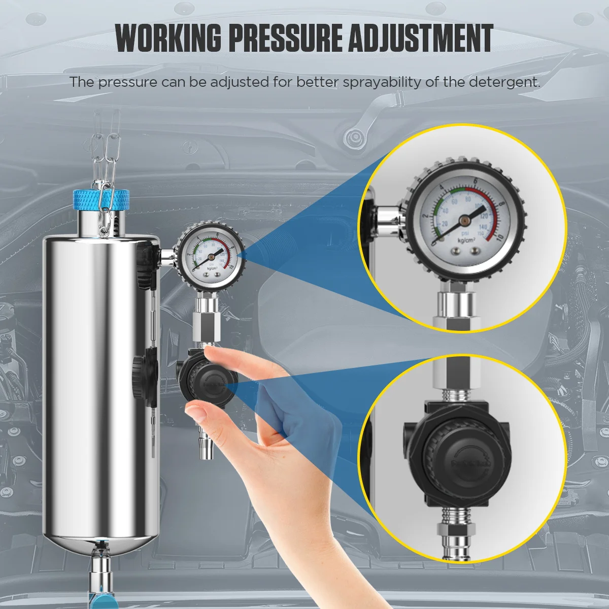 Like the image shows, this is how you can adjust the working pressure on the Fuel Injector Cleaning Machine