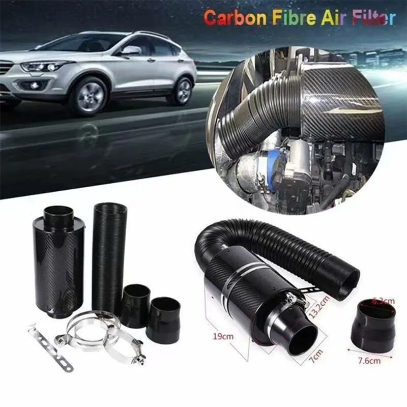 

NEW Universal Car 76MM Carbon Fibre Cold Air Filter Feed Enclosed Intake Induction Pipe Hose Kit Car Accessories