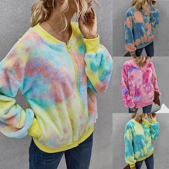 

Free Shipping Women Jacket Coat женская куртка New Fashion джинсовая куртка Autumn Winter Warm Zipper Tie Dyed Ribbed Plush Coat