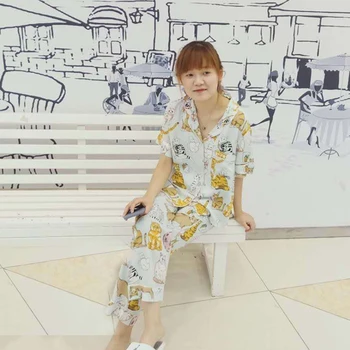 

2020 New Summer Cartoon Cat Printing Sleepwear Set Short Sleeve Button Cardigan Shirt Long Trousers Pyjamas Women Pajamas Set