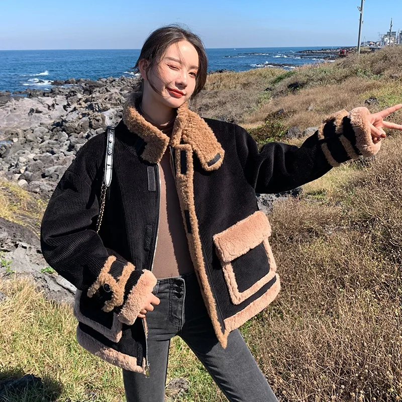 

Photo Shoot Main Push CHIC Harajuku Corduroy Black And White with Pattern Handsome Stand Collar Zipper Lambs Wool Joint Biker Co