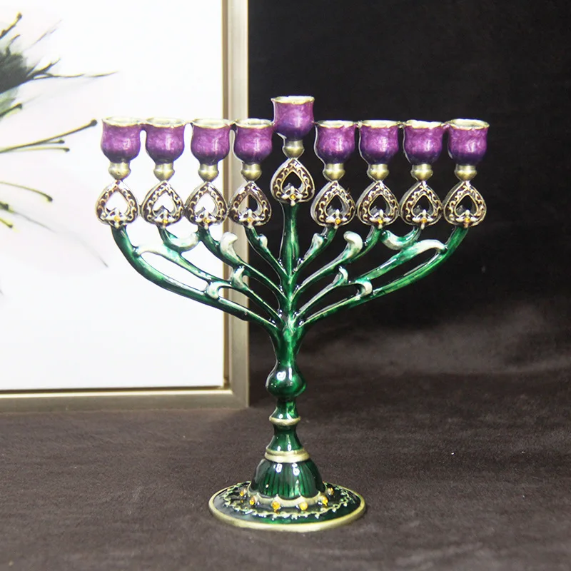 

LD 9 Branches Hand Painted Hanukkah Menorah Judaism Star of David Enamel Candlesticks Chanukah Candelabra Embellished Crystals