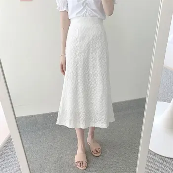 

WICCON 2020 Girls Skirts Vintage High Waist Gentle Fashion Match Stylish Sweet Embroidery Hook Flowers All Female White A-line