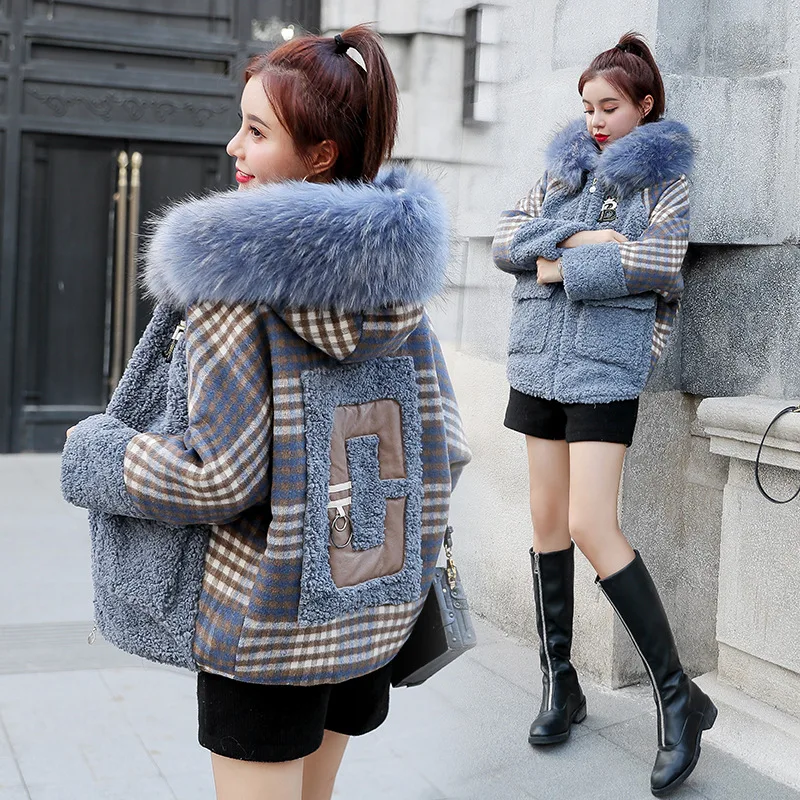 

2019 Winter New Style Korean-style Lambs Wool Joint Fur Short Cotton-padded Clothes Women's Large Fur Collar Cotton-padded Jacke