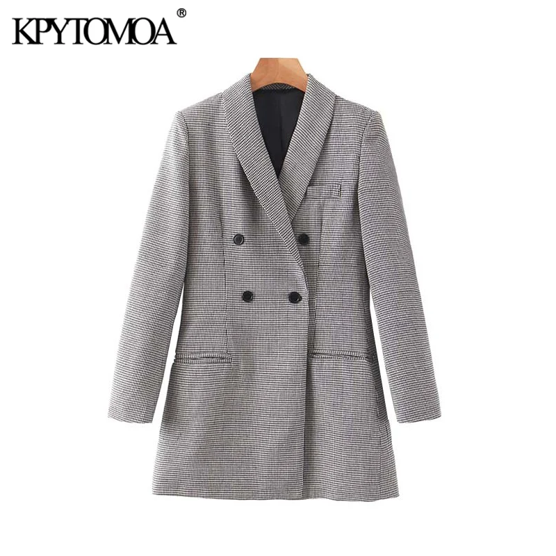 Vintage Stylish Office Wear Double Breasted Houndstooth Blazer Coat Women Fashion Long Sleeve Pockets Outerwear Chic Tops