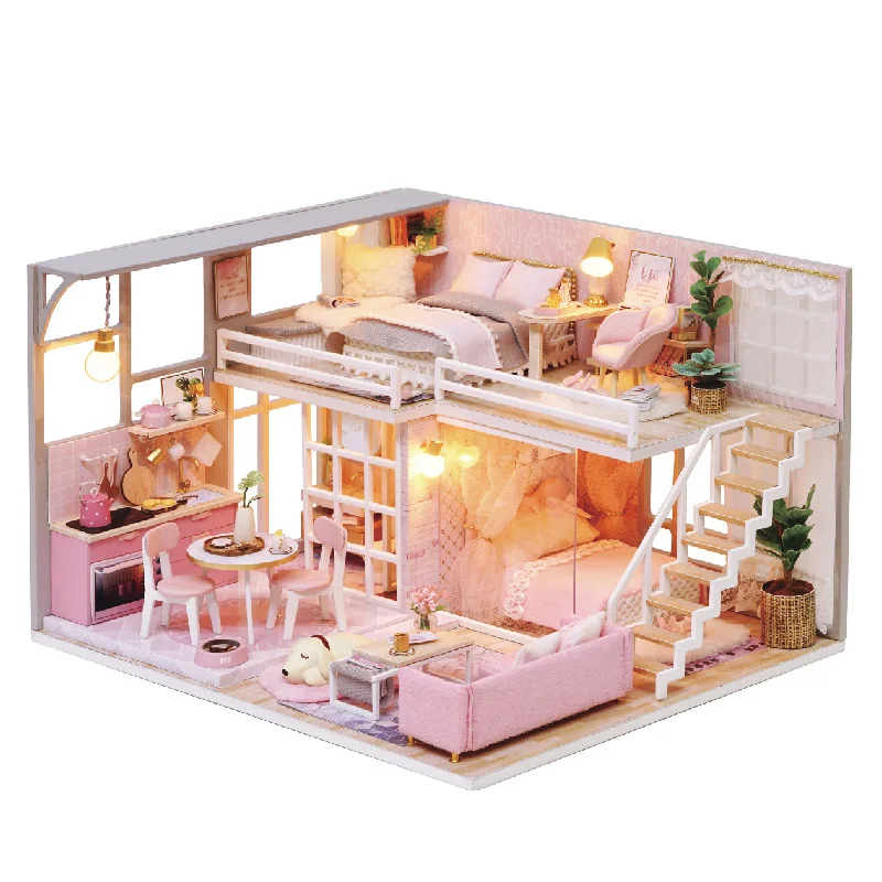 

Diy Doll House Wooden Doll Houses Miniature Dollhouse Furniture Kit with Dust Cover Toys for Children Christmas Gift